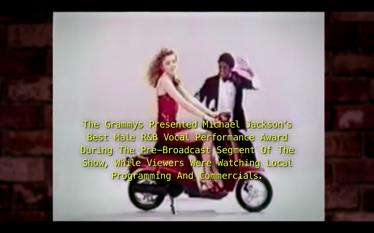 Screenshot from the Spike Lee documentary: The Grammys presented Michael Jackson’s best male R&amp;B vocal performance award during the pre-broadcast segment of the show, while viewers were watching local programming and commercials.